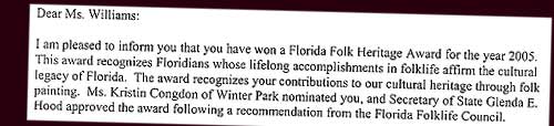 2005 Florida Folk Heritage Award Letter